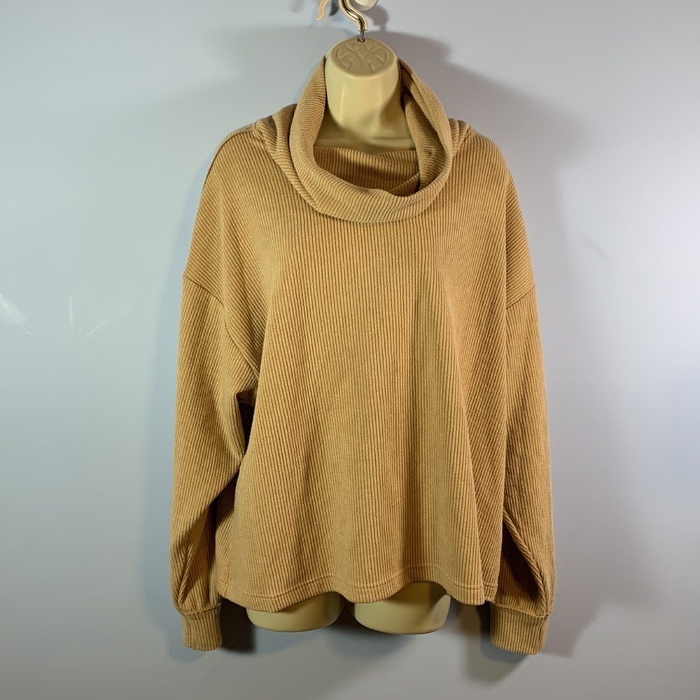 Easel boutique cowl neck sweater thin ribbed camel tan loose boxy exposed seams